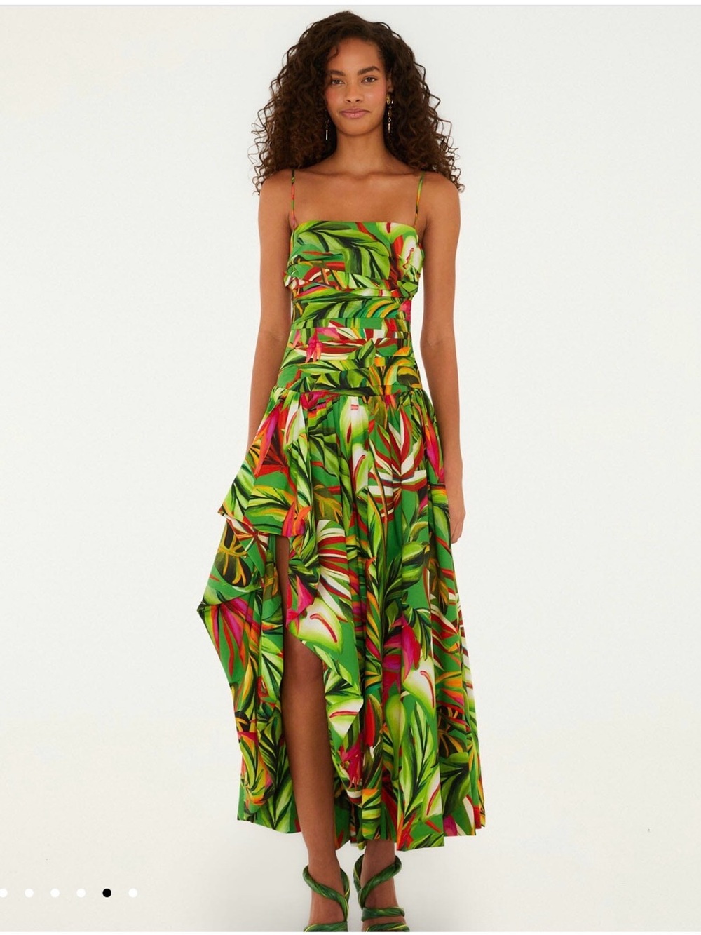 Farm Rio Tropical Green Leaf Print Asymmetrical Maxi Dress. Medium.